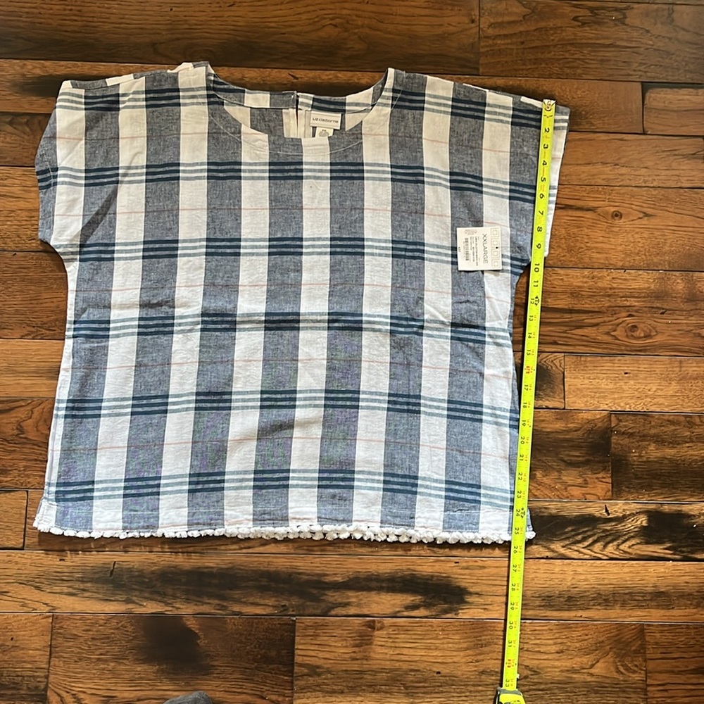 Liz Claiborne Blue, White, Light Pink Plaid Short Sleeve Blouse
